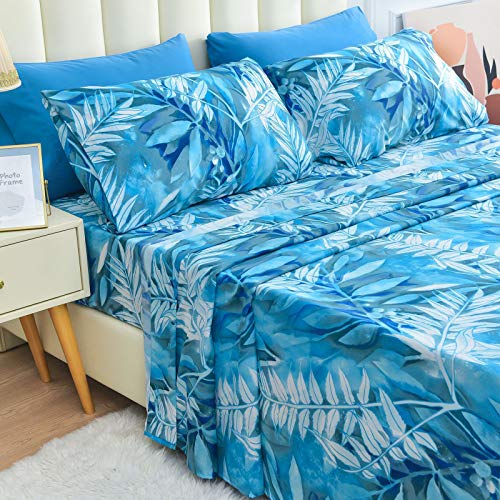 Mint Green Floral Printed Queen Size 6 Piece Microfiber Bed Sheet Set F571399