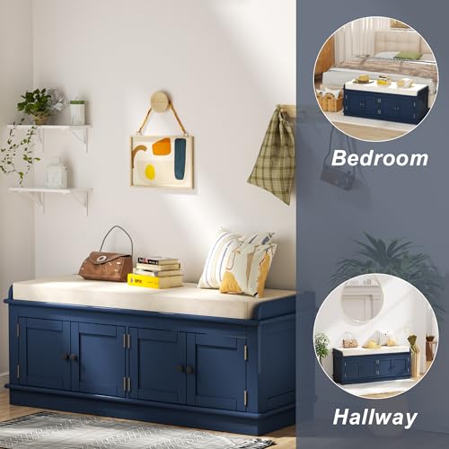 White 43.7" Storage Drawers and 2 Cabinets Shoe Bench with Removable Cushion N607890