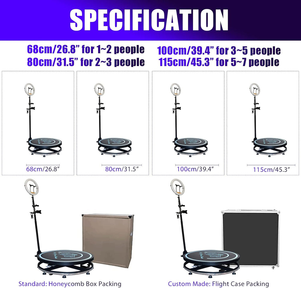 360 Photo Booth Machine with Ring Light Selfie Holder, 26.8” Platform Spinner with Trolly E3486