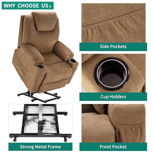 Light Brown Fabric Power Lift Recliner Chair with Heat and Massage K1212