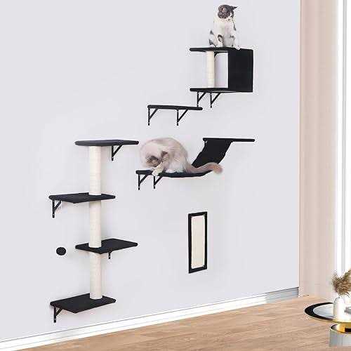 5pcs Wooden Cat Wall Shelves with Bridge, Steps, and Scratcher Q951837
