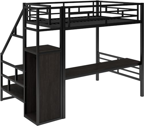 Full Size Metal Loft Bed with Desk and Wardrobe D429379