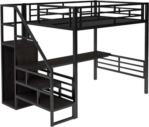 Full Size Metal Loft Bed with Desk and Wardrobe D429379