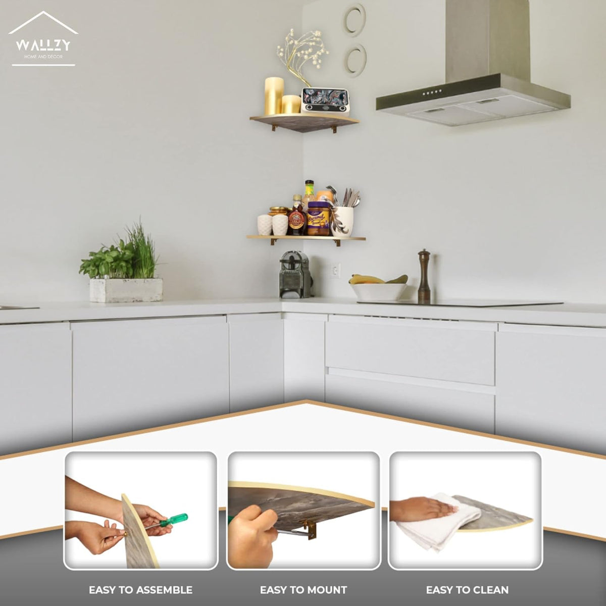 Set of 2 Floating Wooden Corner Wall Shelf (Marble) V588399