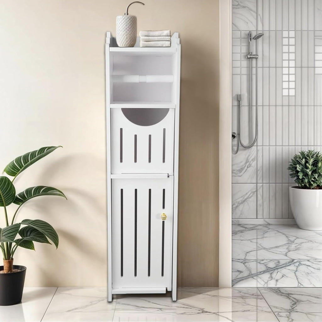 White Narrow Bathroom Storage Cabinet with Toilet Paper Holder T352