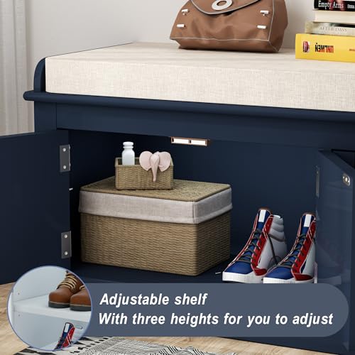 White 43.7" Storage Drawers and 2 Cabinets Shoe Bench with Removable Cushion N607890