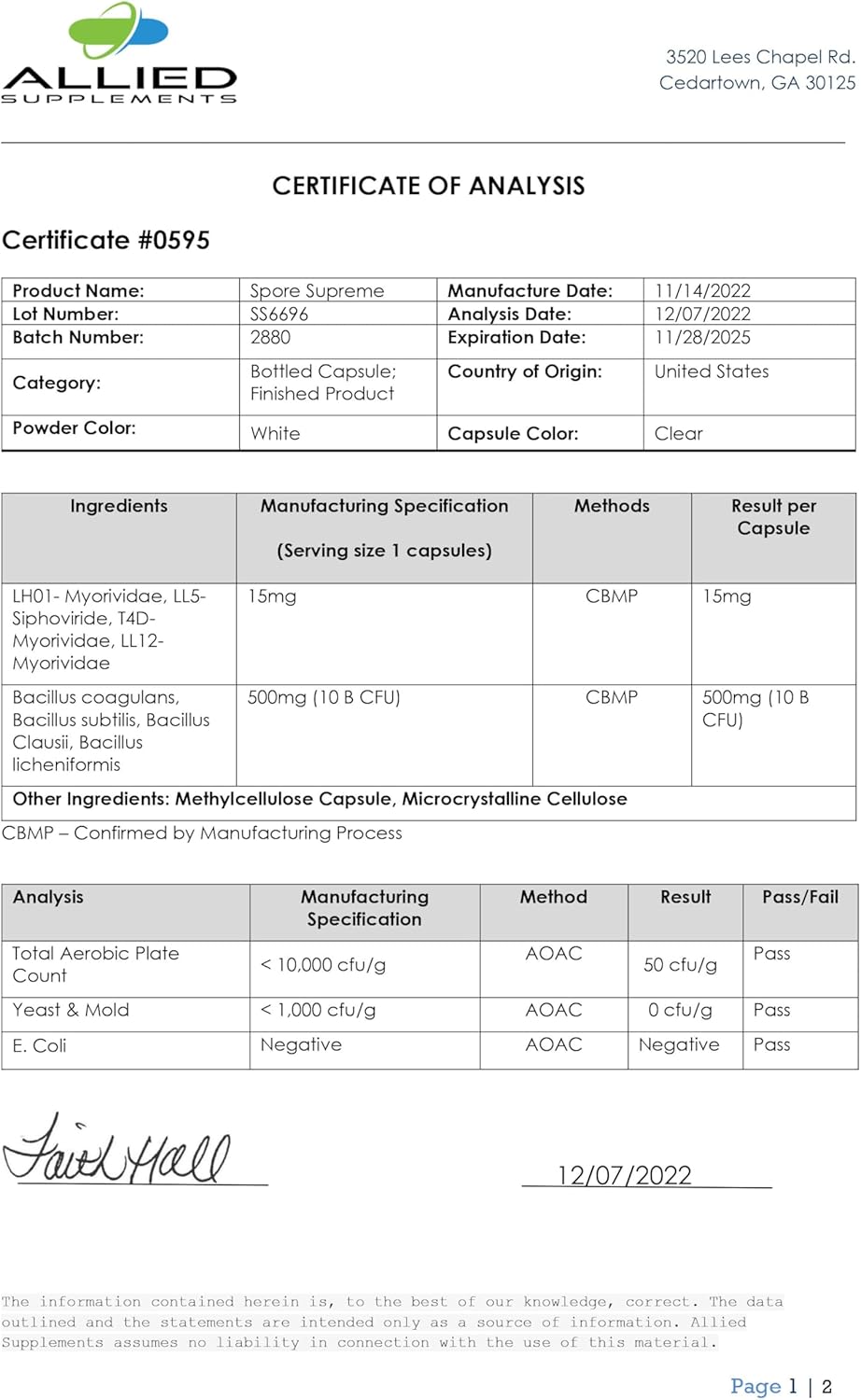 Spore Based Probiotic 120 Capsule P783230