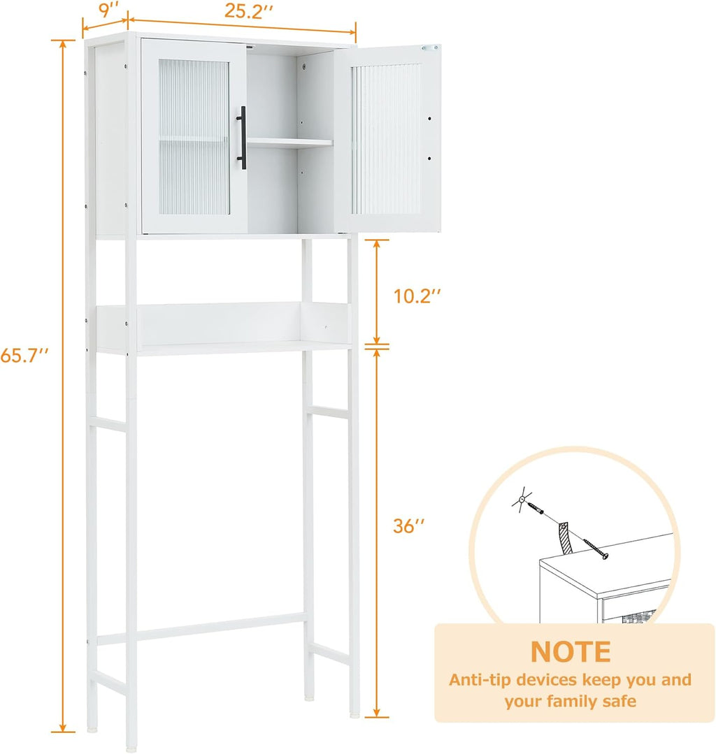 White Over The Toilet Storage Cabinet with Glass Doors and Adjustable Shelves G7045
