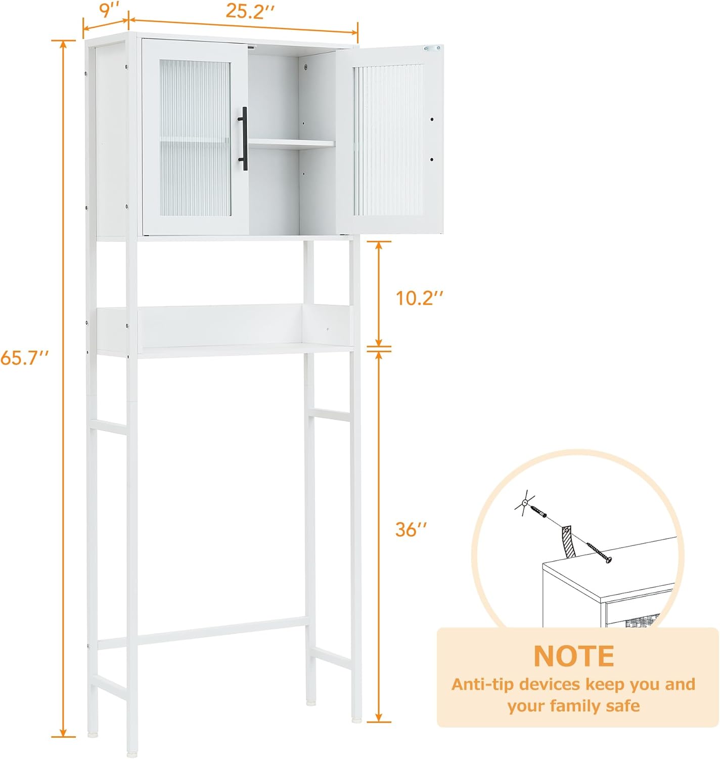 White Over The Toilet Storage Cabinet with Glass Doors and Adjustable Shelves G7045