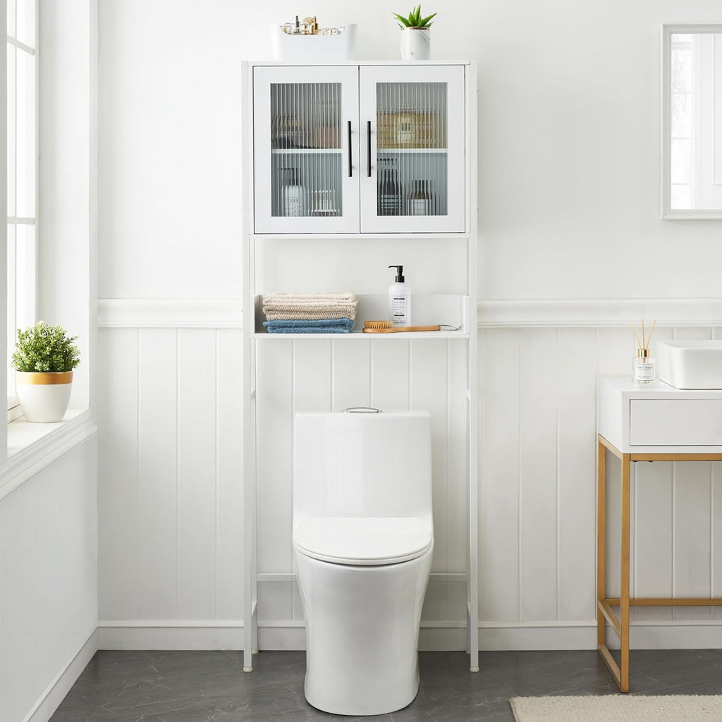 White Over The Toilet Storage Cabinet with Glass Doors and Adjustable Shelves G7045