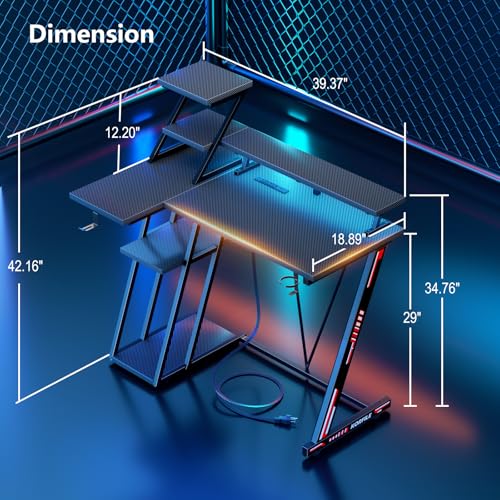 L Shaped Gaming Desk with LED Lights & Power Outlet, 47 Inch Computer Desk with Extra Storage Shelves, Reversible Gamer Workstations with Monitor Stand, Carbon Fiber Black Q395