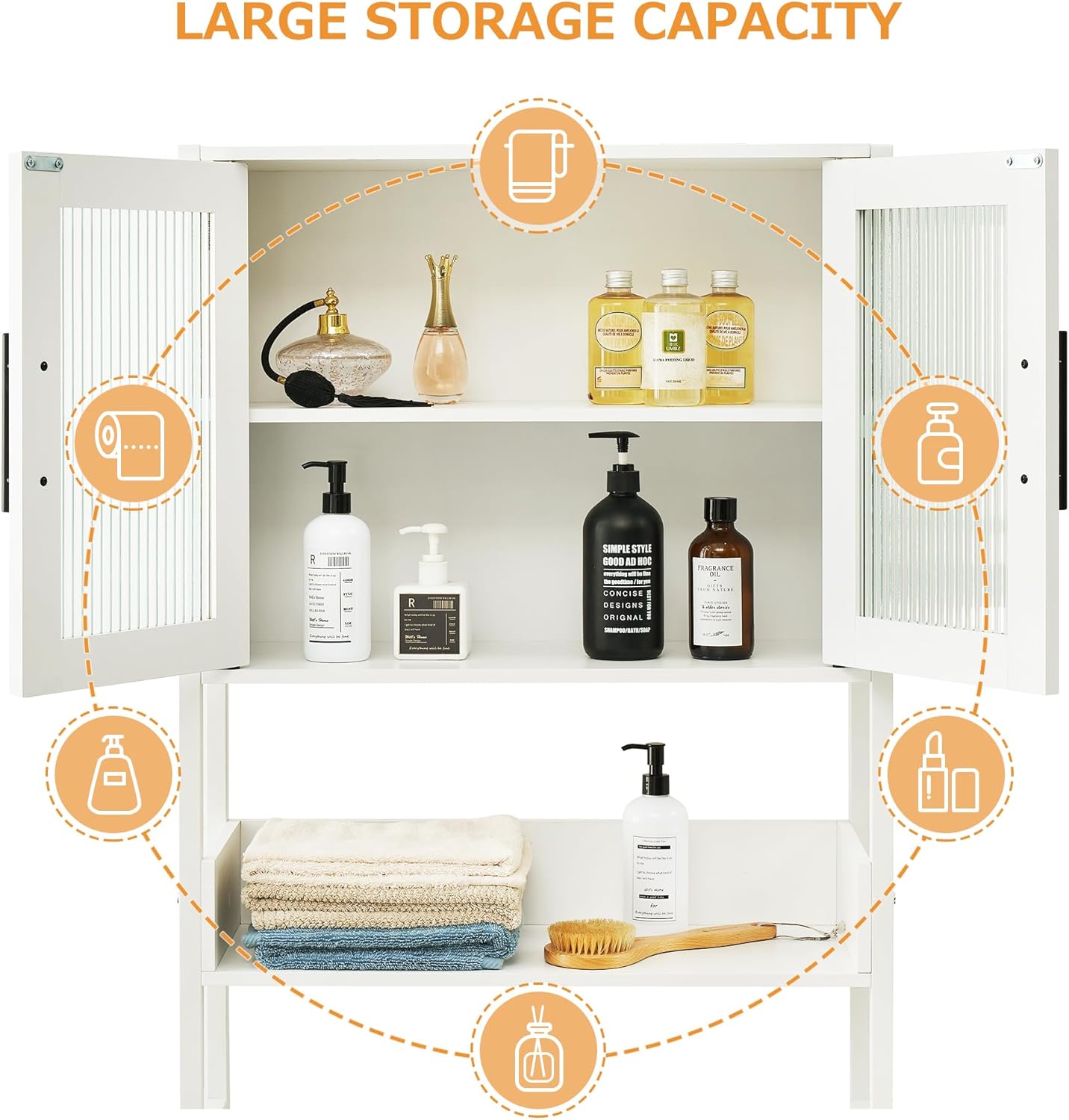 White Over The Toilet Storage Cabinet with Glass Doors and Adjustable Shelves G7045