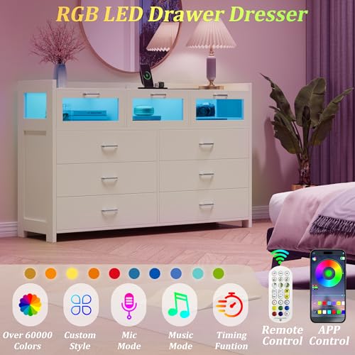 Black 9 Drawer Wood Dresser with LED Lights and Charging Station C21394