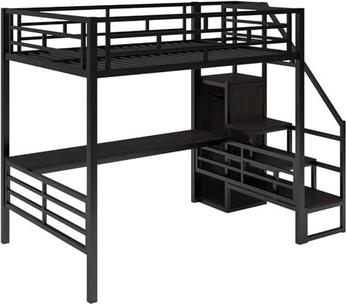 Full Size Metal Loft Bed with Desk and Wardrobe D429379