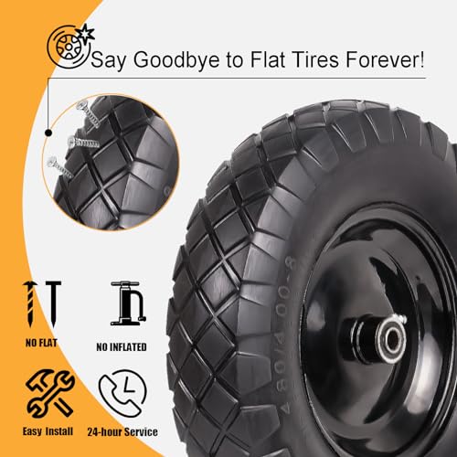 4.80/4.00-8 Flat Free 16" Solid Wheels with Bearings (2 Pack) B99219