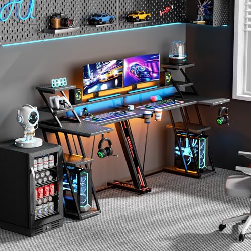 L Shaped Gaming Desk with LED Lights & Power Outlet, 47 Inch Computer Desk with Extra Storage Shelves, Reversible Gamer Workstations with Monitor Stand, Carbon Fiber Black Q395