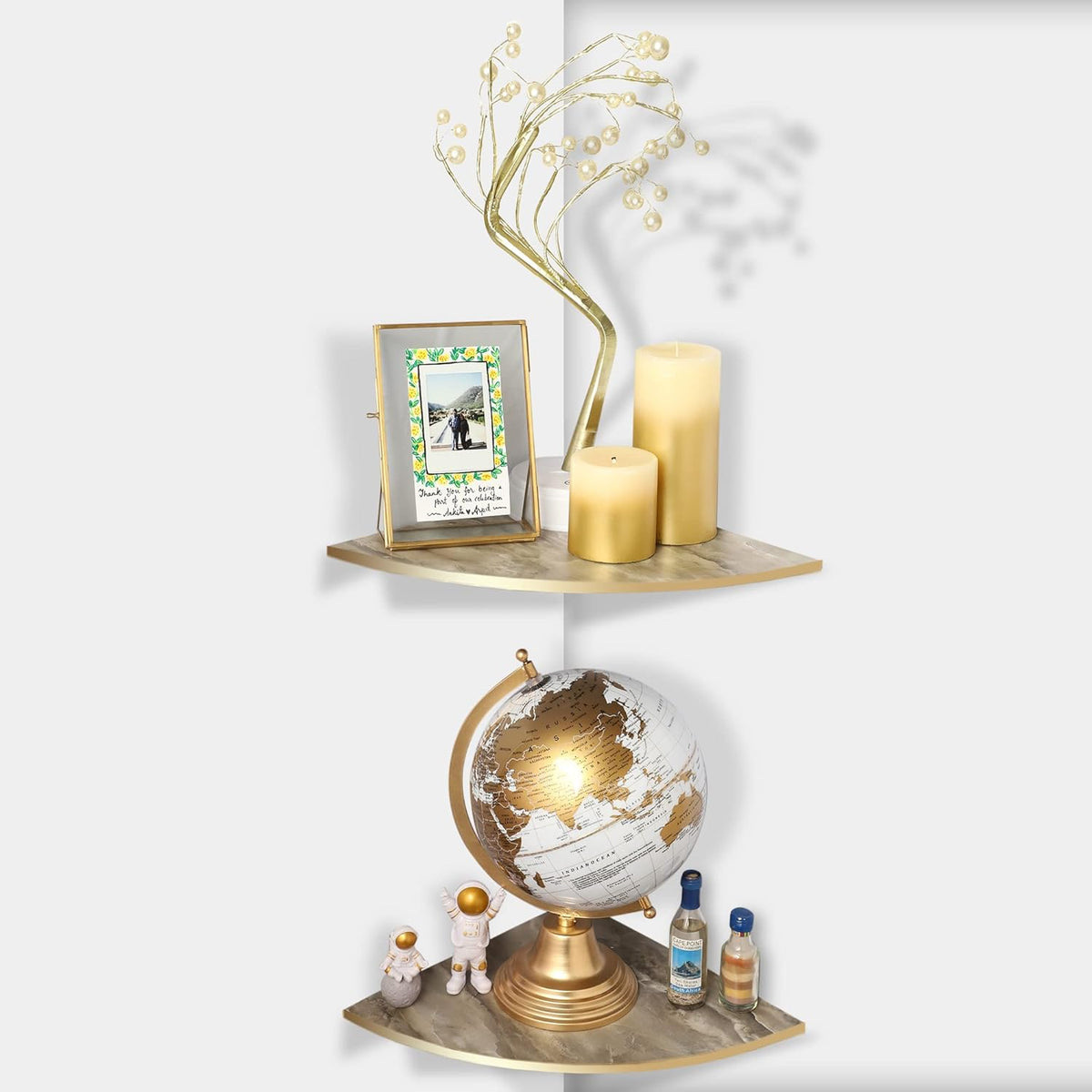 Set of 2 Floating Wooden Corner Wall Shelf (Marble) V588399