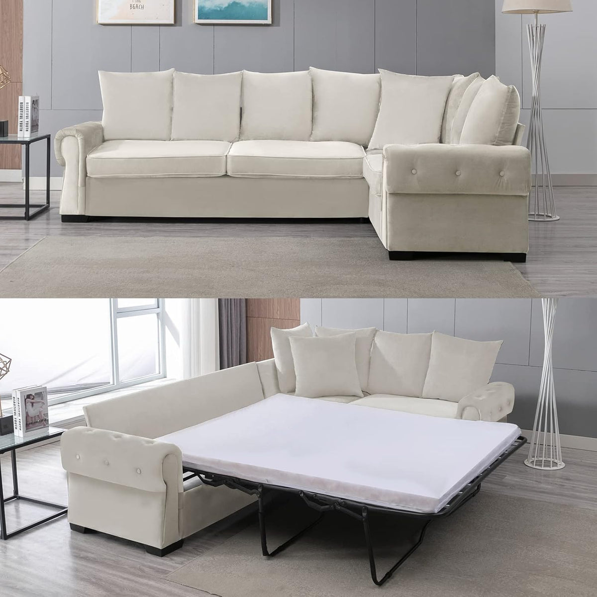 Beige Pull Out Sofa Bed with Folding Foam Mattress F97312