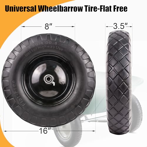 4.80/4.00-8 Flat Free 16" Solid Wheels with Bearings (2 Pack) B99219