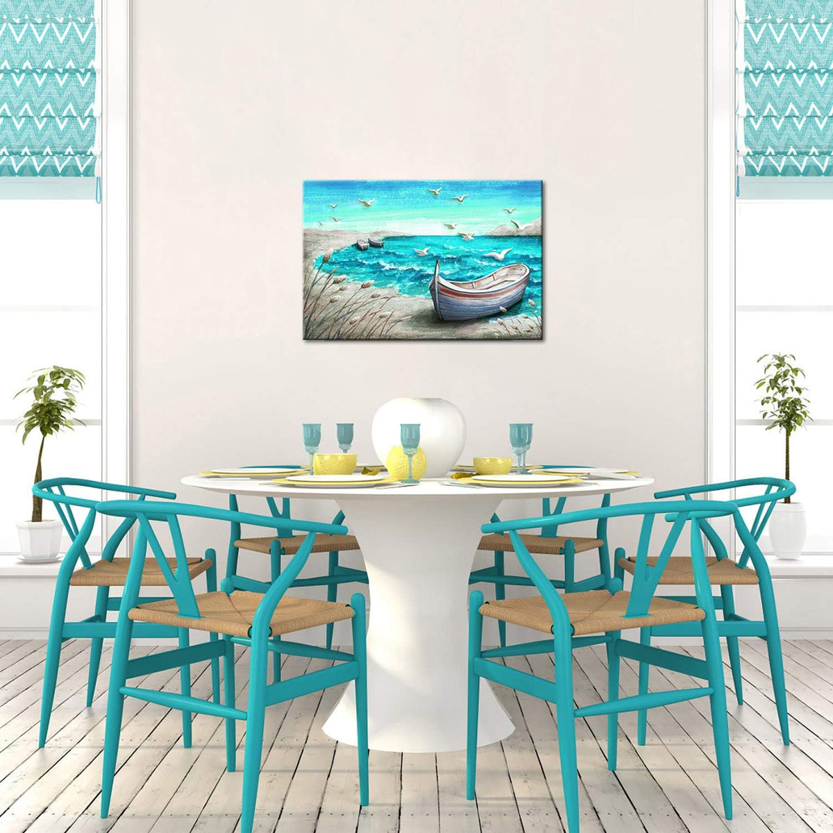 Canvas Wall Art Abstract Ocean Boat Painting Seascape Picture Prints Stretched and Framed 16x24Inch M4596