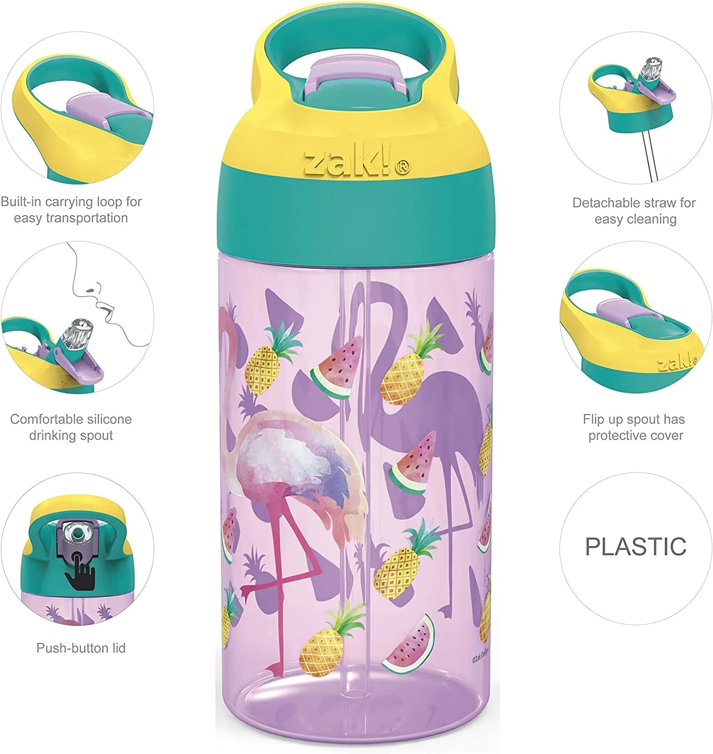 16oz Durable Plastic Kids Water Bottle with Straw and Carrying Loop, 2PK Set S9271