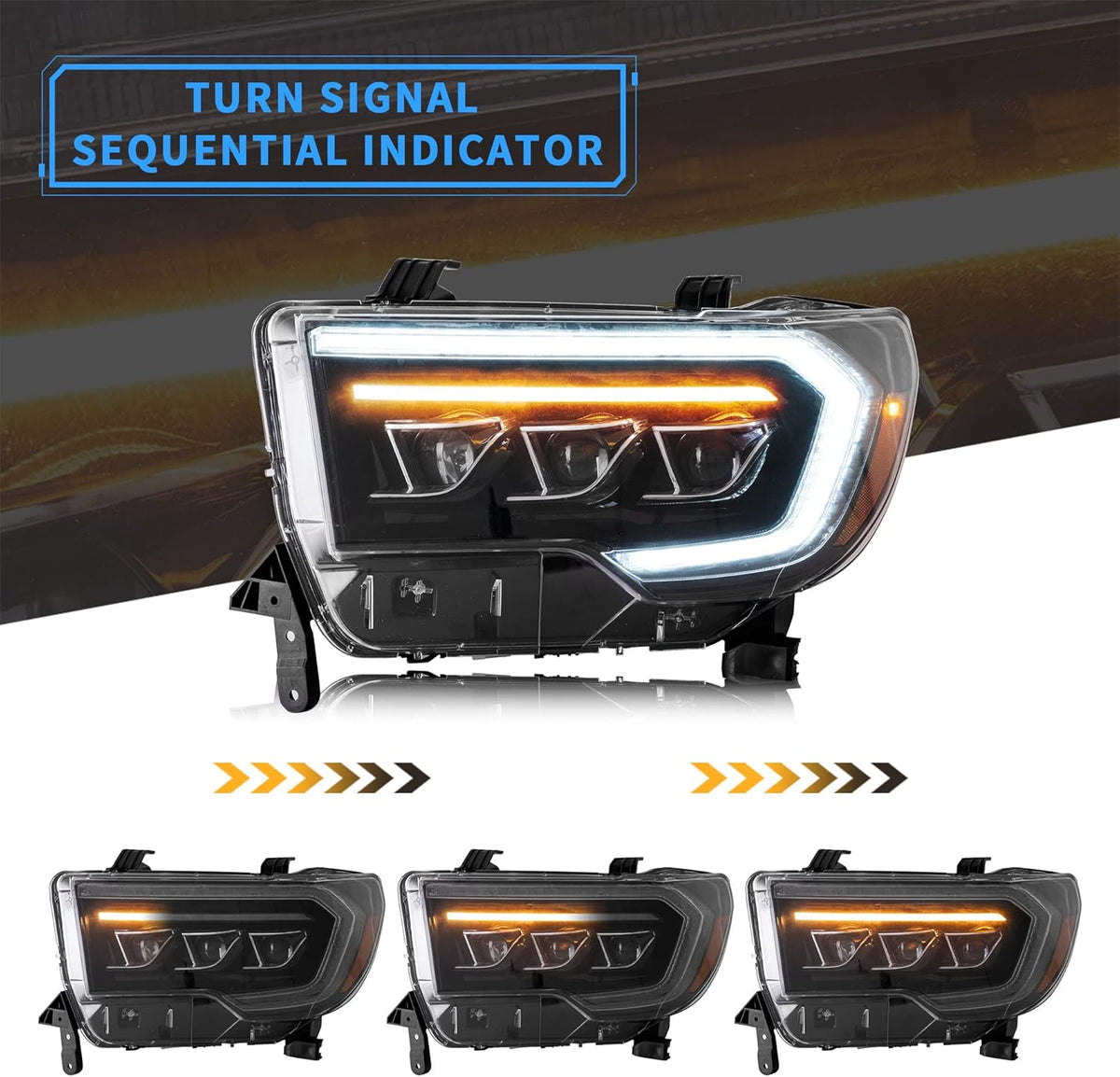 Projector LED Headlights with Sequential Turn Signal, DRL Black Trim Panels U8991