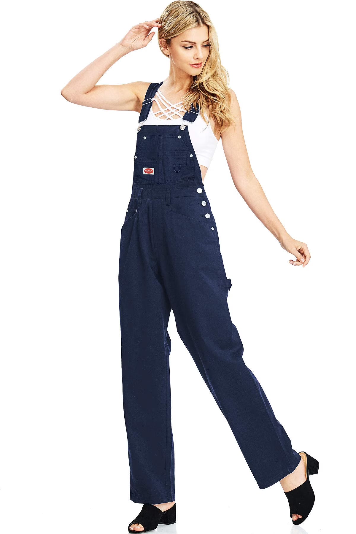 Navy Blue Baggy Straight Leg Twill Overalls C938529