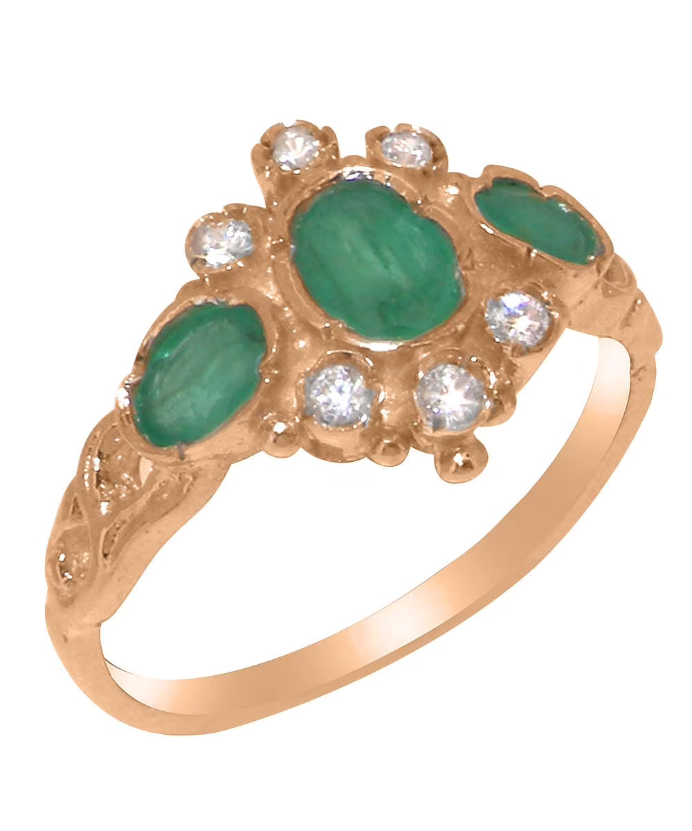 14k Rose Gold Natural Emerald & Diamond Ring V196