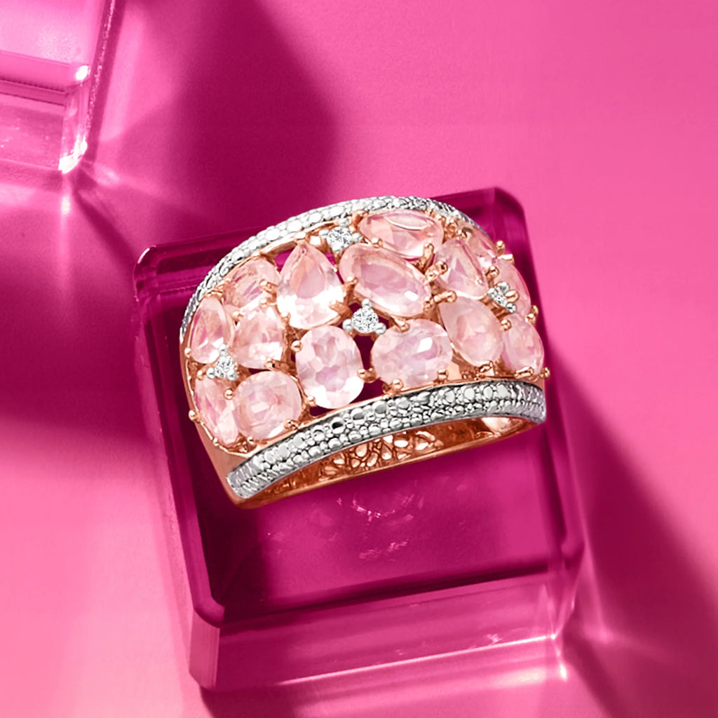 Rose Quartz Dome Ring With Diamonds in Rose Sterling Silver P135