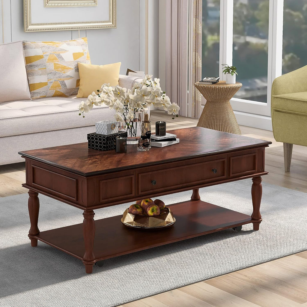 Retro Cocktail Table Coffee, Solid Wood Coffee Table with Caster Wheels and Drawer, 1 Shelf, Wood Movable Rectangle Coffee Table Y5992