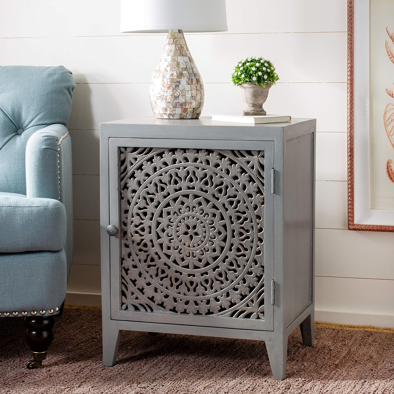 Grey Walnut 1-door Carved Nightstand N5684