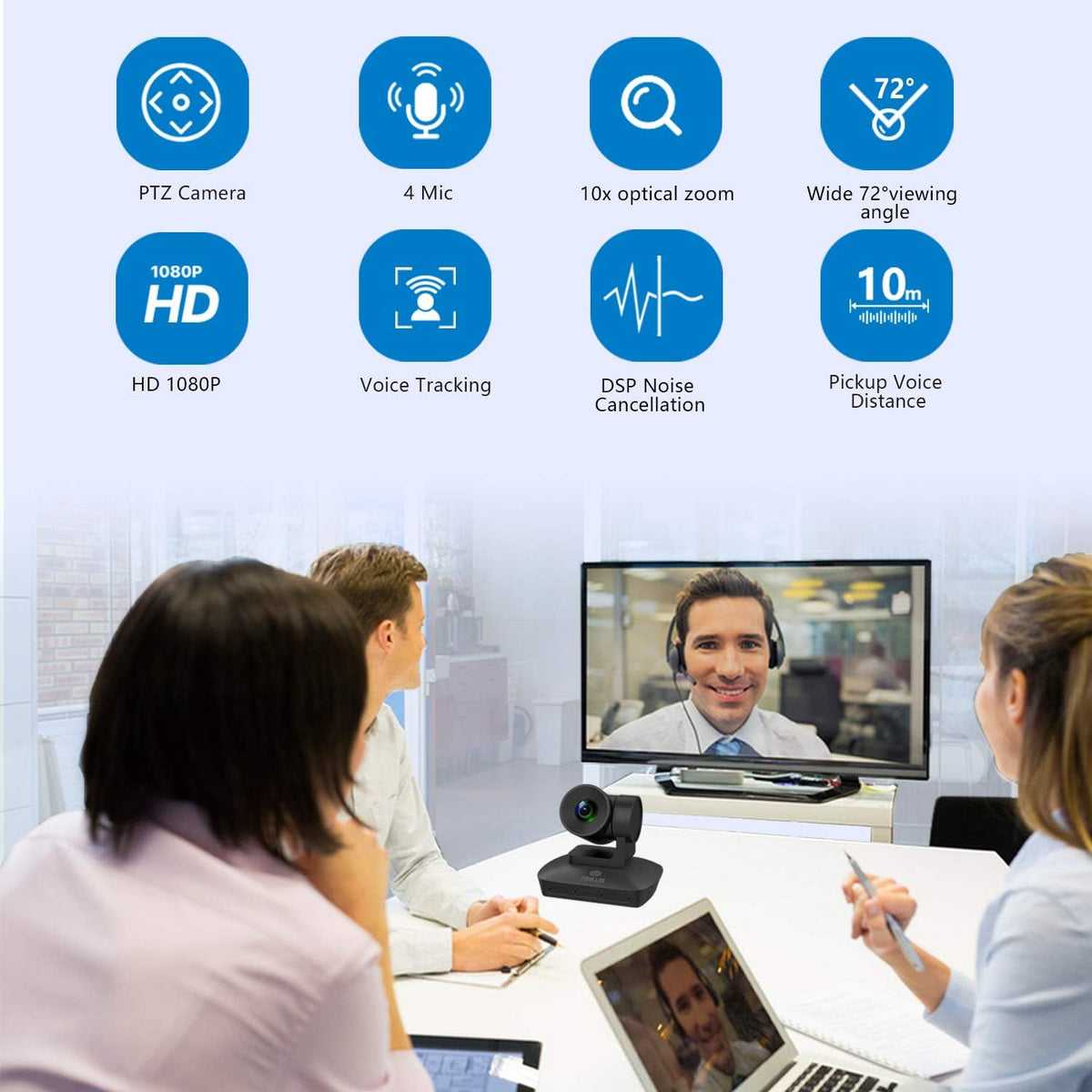 HD 1080P PTZ Conference Room Camera with 4 Microphones Array, 10X Optical Zoom V435