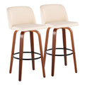 30" Mid-Century Modern Swivel Barstool in Walnut Wood and Cream Faux Leather with Round Black Metal Footrest - Set of 2 K872