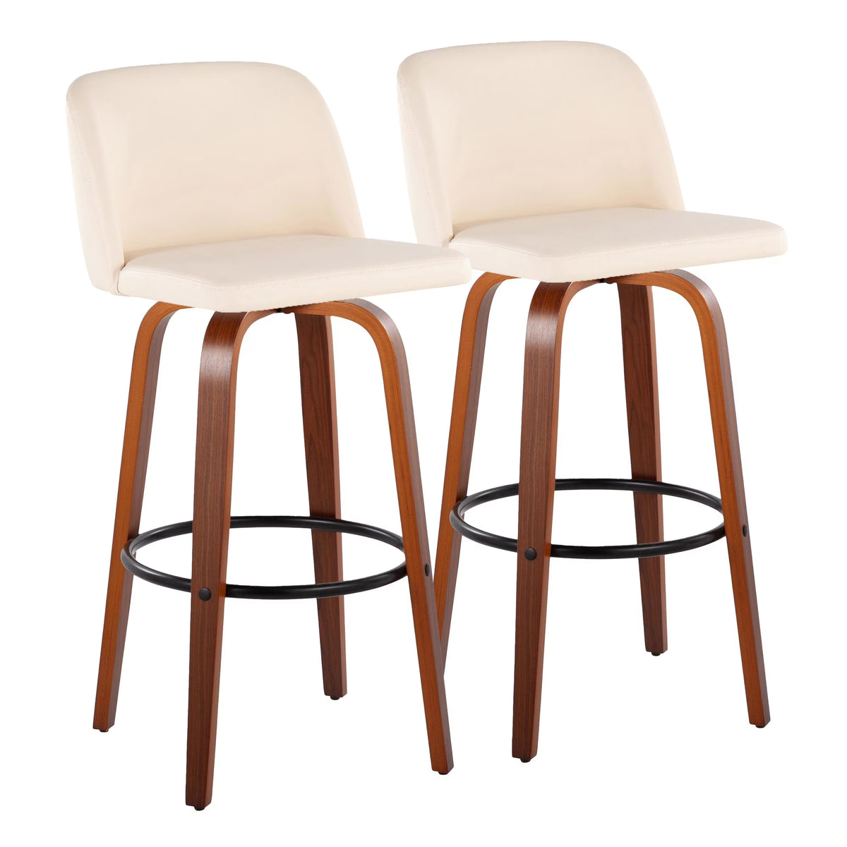 30" Mid-Century Modern Swivel Barstool in Walnut Wood and Cream Faux Leather with Round Black Metal Footrest - Set of 2 K872