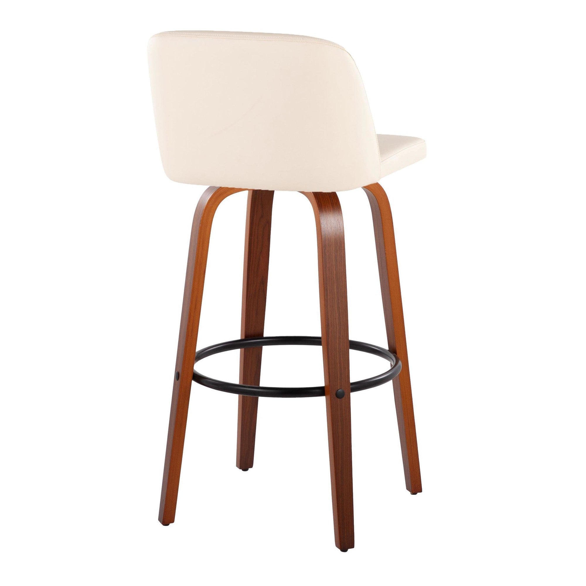 30" Mid-Century Modern Swivel Barstool in Walnut Wood and Cream Faux Leather with Round Black Metal Footrest - Set of 2 K872