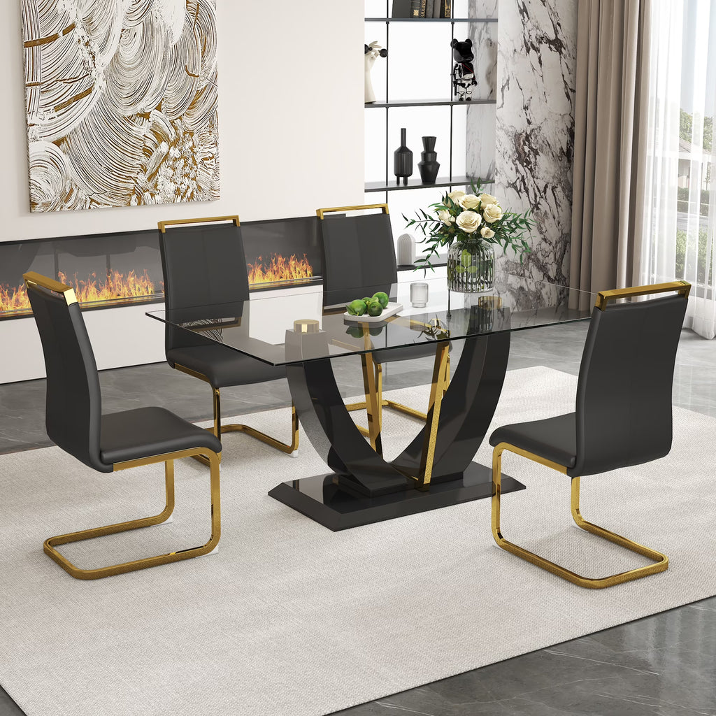 Black Rectangular Glass Dining Table Set with PU Leather Chairs N537