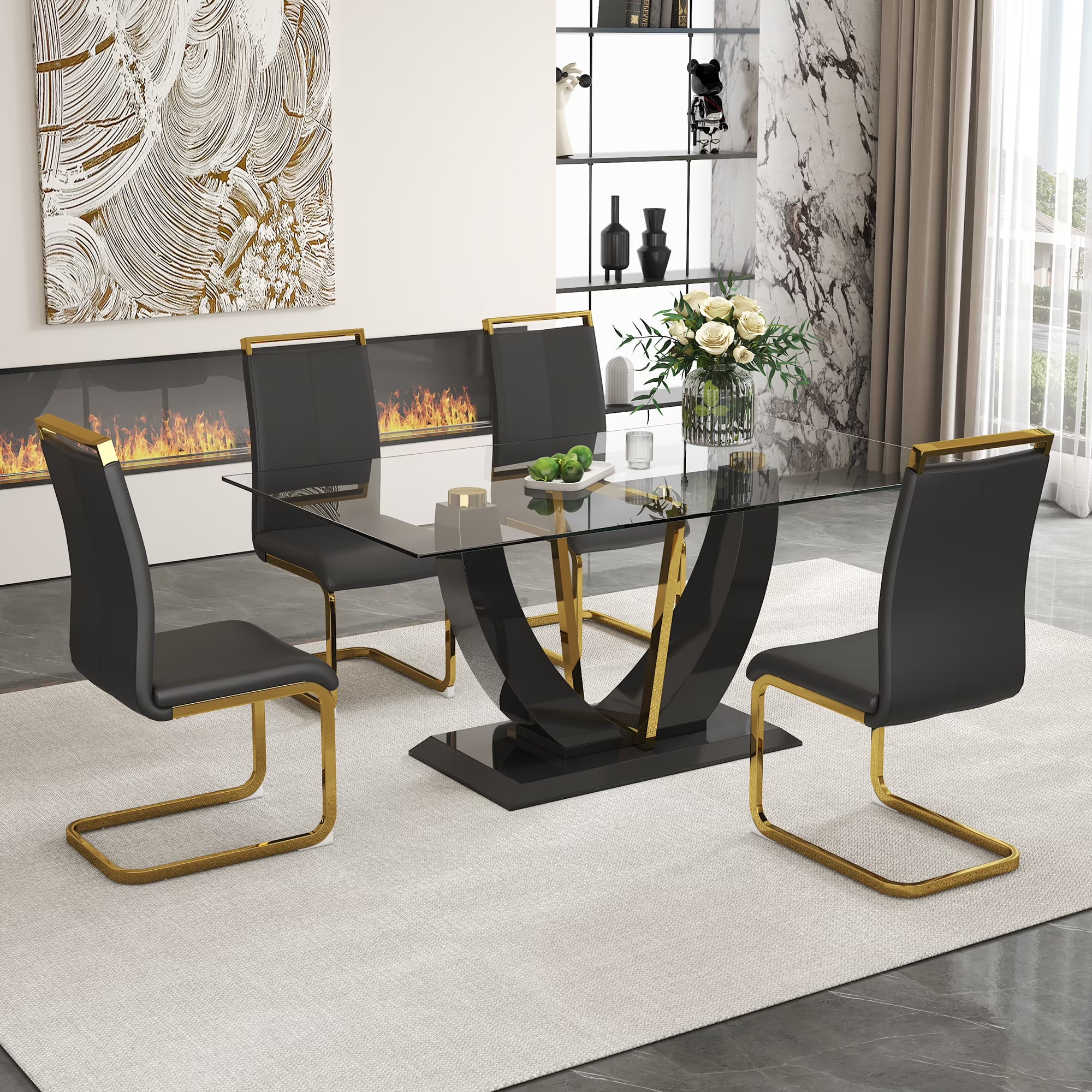 Black Rectangular Glass Dining Table Set with PU Leather Chairs N537
