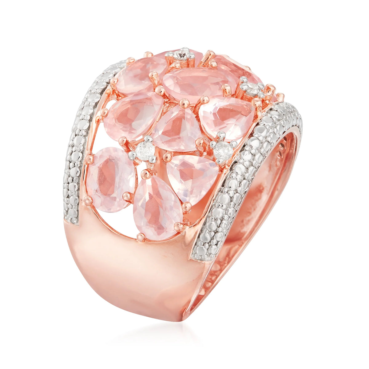 Rose Quartz Dome Ring With Diamonds in Rose Sterling Silver P135