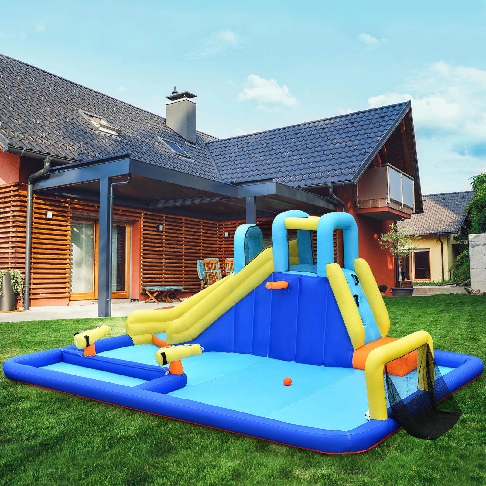 Inflatable Bounce House Water Slide Bouncer with Ball Shooting Climbing Wall X194930