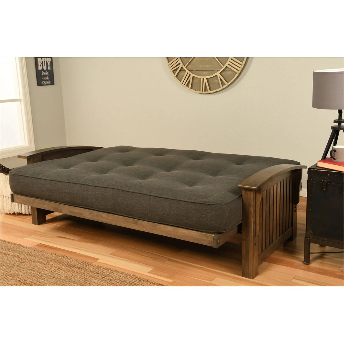 Rustic Walnut Futon with Linen Stone Gray Mattress F6206