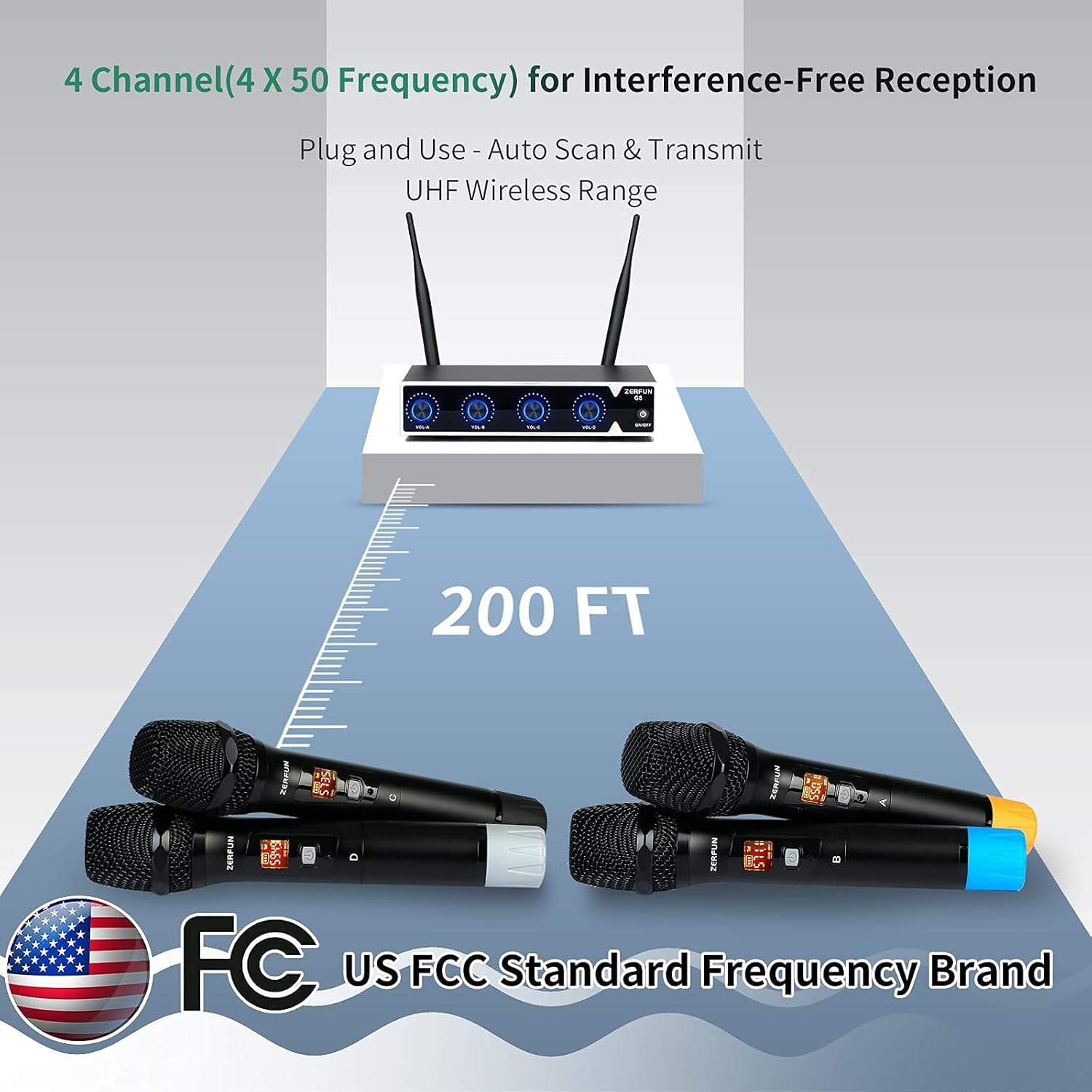 4-Channel UHF Wireless Microphone System with XLR 1/4 1/8 Output, All Metal Handheld Karaoke Cordless Microphones L80798