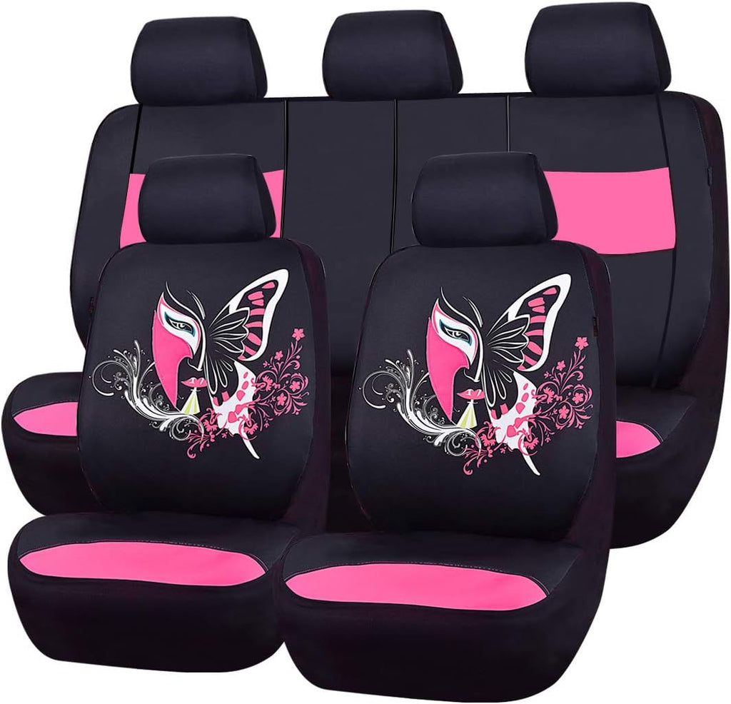 11PCS Universal Fit Car Seat Covers Set (Black with Pink) J306