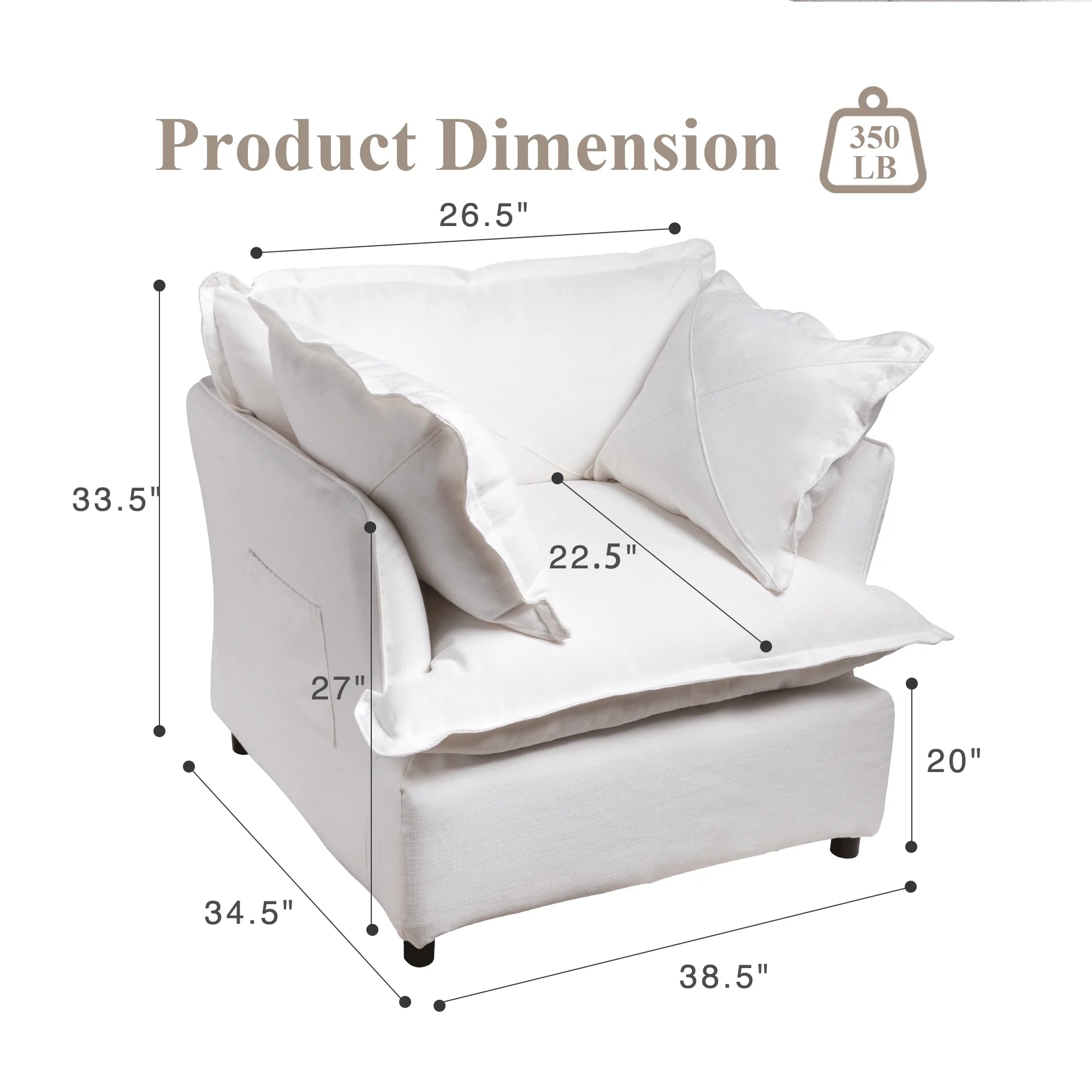 Oversized Accent Chair with 2 Pillows, Grey L830