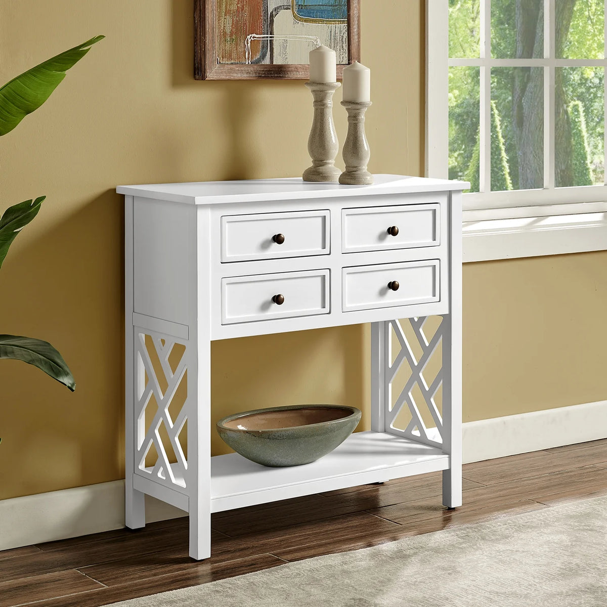 White Wood Console Table with 4-Drawers Y806352