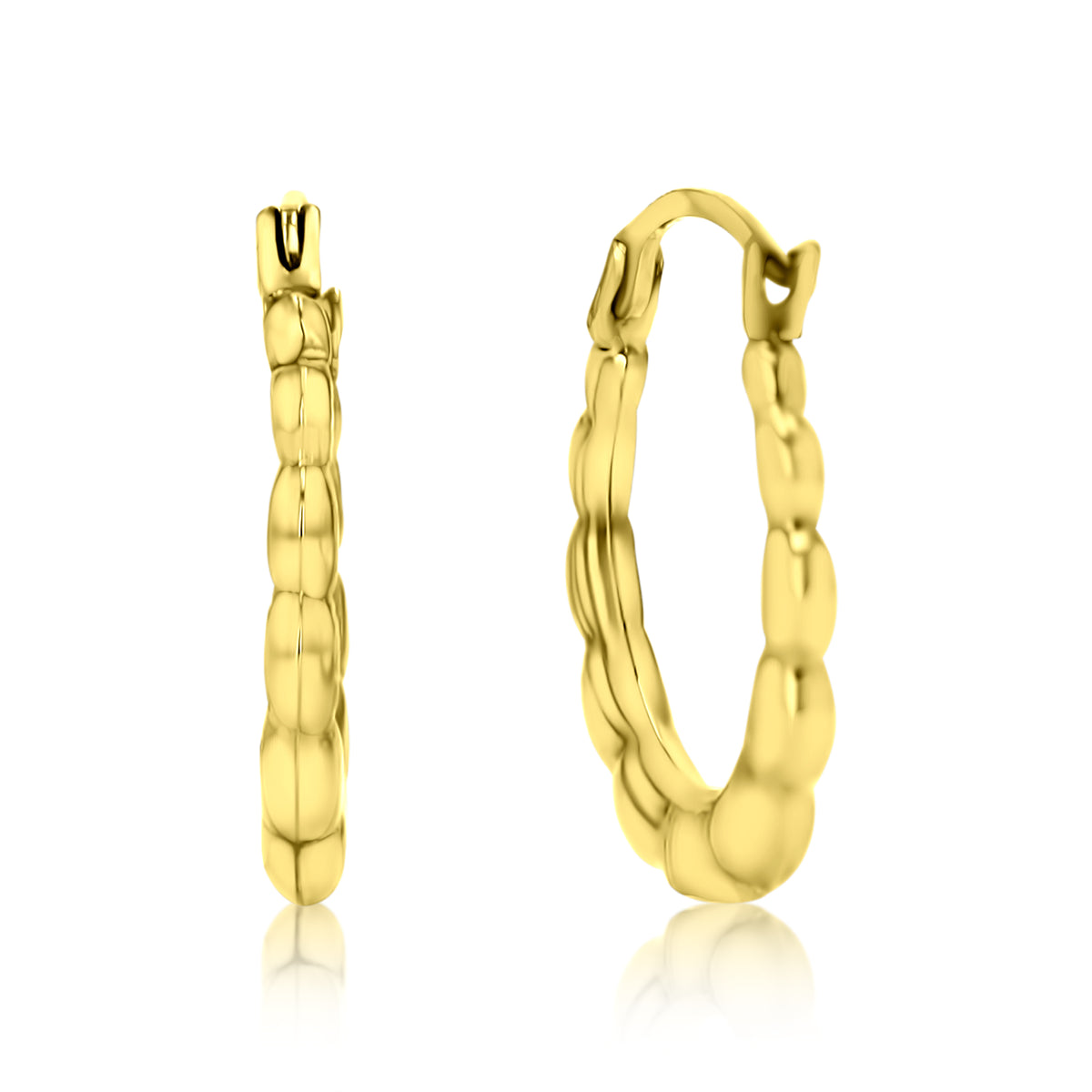 14K Yellow Gold Textured Diamond Cut Flower Design Hoop Earring E121078