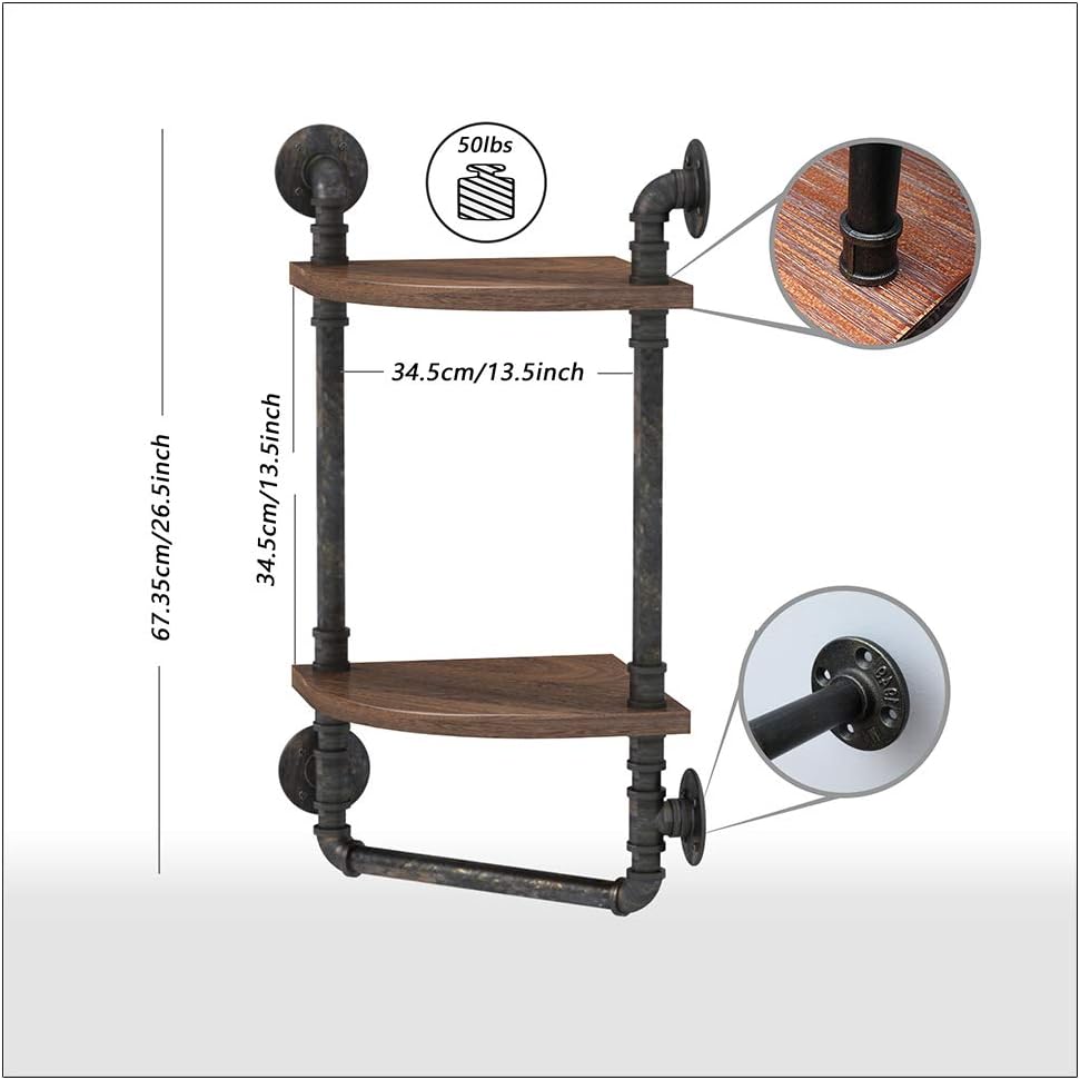 Industrial Pipe Corner Shelves, Rustic Wall Mount 2-Tiers Towel Racks with Towel Bar, Metal Bookcase, Real Wood Storage Shelving O115948