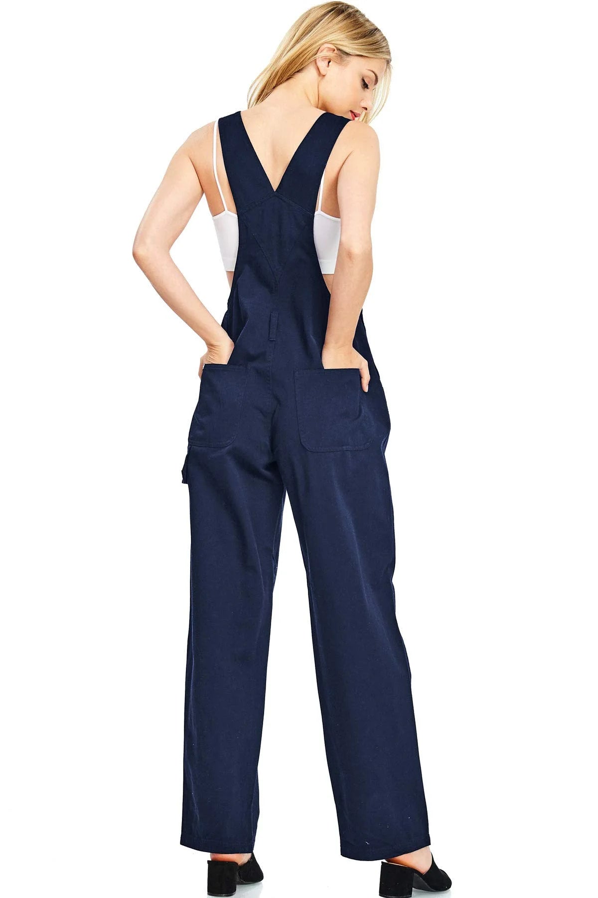 Navy Blue Baggy Straight Leg Twill Overalls C938529