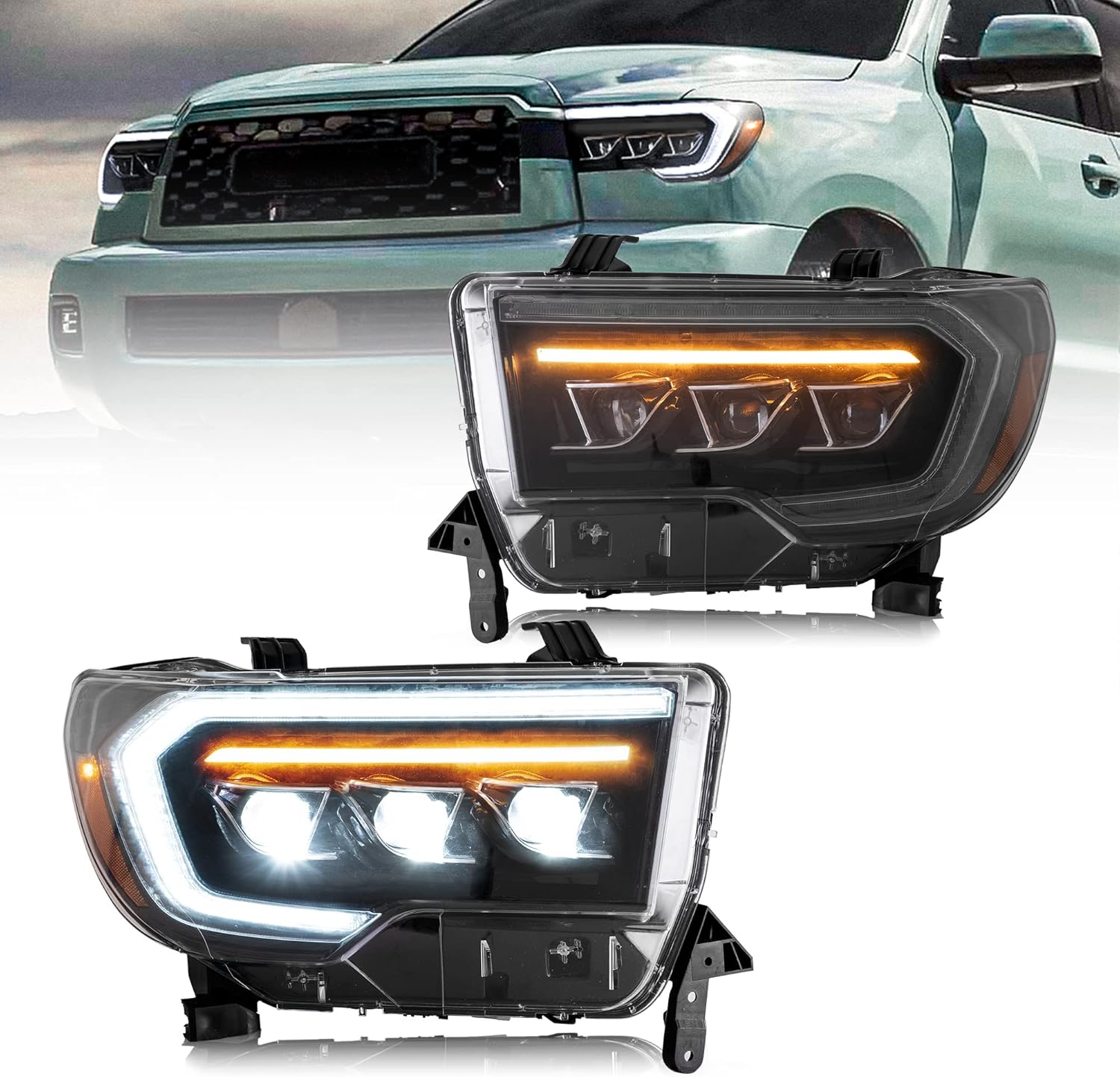 Projector LED Headlights with Sequential Turn Signal, DRL Black Trim Panels U8991