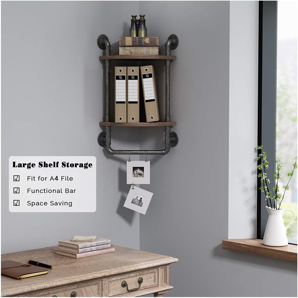 Industrial Pipe Corner Shelves, Rustic Wall Mount 2-Tiers Towel Racks with Towel Bar, Metal Bookcase, Real Wood Storage Shelving O115948