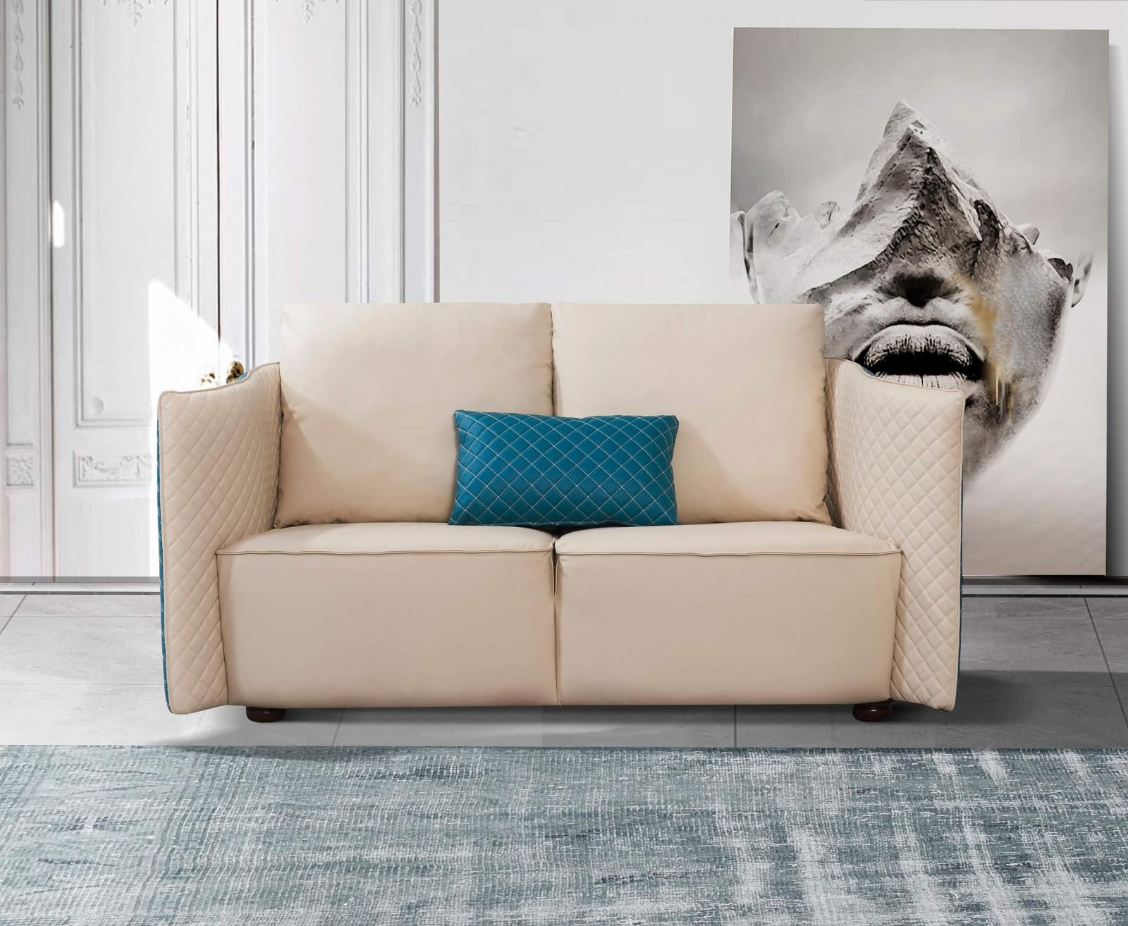 Beige & Blue Leather Loveseat W96206